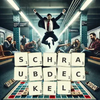 Kreative Illustration für ein Scrabble-Spiel, bei dem das Wort SCHRAUBDECKEL mit Steinen auf dem Brett gelegt wurde.