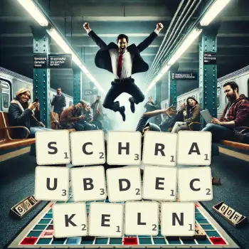Kreative Illustration für ein Scrabble-Spiel, bei dem das Wort SCHRAUBDECKELN mit Steinen auf dem Brett gelegt wurde.