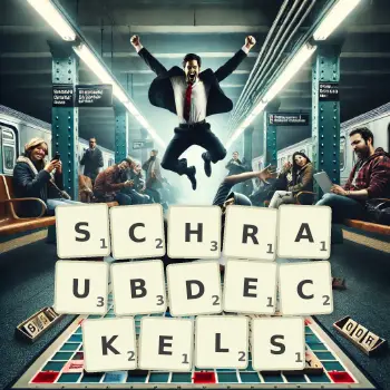 Kreative Illustration für ein Scrabble-Spiel, bei dem das Wort SCHRAUBDECKELS mit Steinen auf dem Brett gelegt wurde.