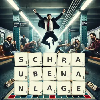 Kreative Illustration für ein Scrabble-Spiel, bei dem das Wort SCHRAUBENANLAGE mit Steinen auf dem Brett gelegt wurde.