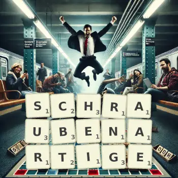 Kreative Illustration für ein Scrabble-Spiel, bei dem das Wort SCHRAUBENARTIGE mit Steinen auf dem Brett gelegt wurde.