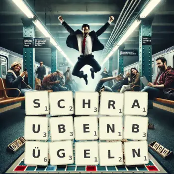 Kreative Illustration für ein Scrabble-Spiel, bei dem das Wort SCHRAUBENBÜGELN mit Steinen auf dem Brett gelegt wurde.