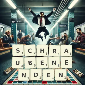 Kreative Illustration für ein Scrabble-Spiel, bei dem das Wort SCHRAUBENENDEN mit Steinen auf dem Brett gelegt wurde.