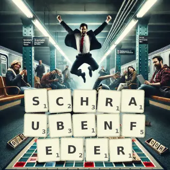 Kreative Illustration für ein Scrabble-Spiel, bei dem das Wort SCHRAUBENFEDER mit Steinen auf dem Brett gelegt wurde.