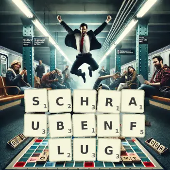 Kreative Illustration für ein Scrabble-Spiel, bei dem das Wort SCHRAUBENFLUG mit Steinen auf dem Brett gelegt wurde.