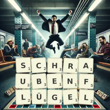 Kreative Illustration für ein Scrabble-Spiel, bei dem das Wort SCHRAUBENFLÜGEL mit Steinen auf dem Brett gelegt wurde.