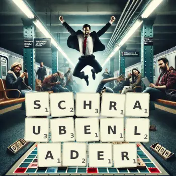 Kreative Illustration für ein Scrabble-Spiel, bei dem das Wort SCHRAUBENLADER mit Steinen auf dem Brett gelegt wurde.