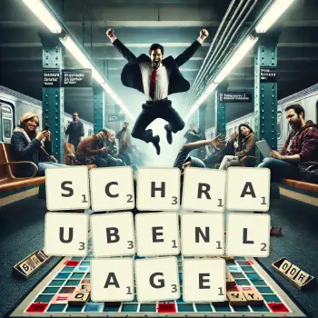 Kreative Illustration für ein Scrabble-Spiel, bei dem das Wort SCHRAUBENLAGE mit Steinen auf dem Brett gelegt wurde.