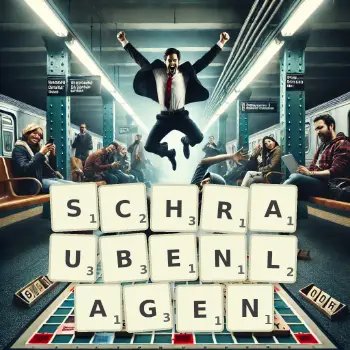 Kreative Illustration für ein Scrabble-Spiel, bei dem das Wort SCHRAUBENLAGEN mit Steinen auf dem Brett gelegt wurde.