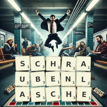 Kreative Illustration für ein Scrabble-Spiel, bei dem das Wort SCHRAUBENLASCHE mit Steinen auf dem Brett gelegt wurde.