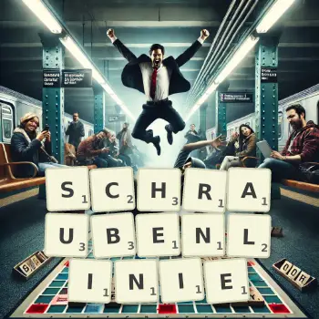 Kreative Illustration für ein Scrabble-Spiel, bei dem das Wort SCHRAUBENLINIE mit Steinen auf dem Brett gelegt wurde.