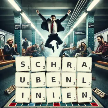 Kreative Illustration für ein Scrabble-Spiel, bei dem das Wort SCHRAUBENLINIEN mit Steinen auf dem Brett gelegt wurde.