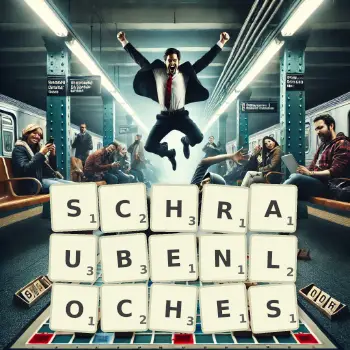 Kreative Illustration für ein Scrabble-Spiel, bei dem das Wort SCHRAUBENLOCHES mit Steinen auf dem Brett gelegt wurde.