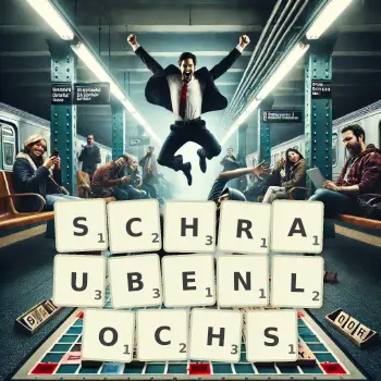 Kreative Illustration für ein Scrabble-Spiel, bei dem das Wort SCHRAUBENLOCHS mit Steinen auf dem Brett gelegt wurde.