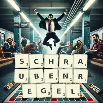 Kreative Illustration für ein Scrabble-Spiel, bei dem das Wort SCHRAUBENREGEL mit Steinen auf dem Brett gelegt wurde.