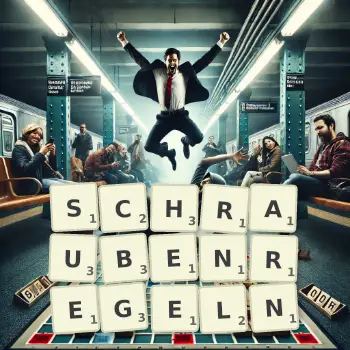 Kreative Illustration für ein Scrabble-Spiel, bei dem das Wort SCHRAUBENREGELN mit Steinen auf dem Brett gelegt wurde.