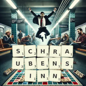 Kreative Illustration für ein Scrabble-Spiel, bei dem das Wort SCHRAUBENSINN mit Steinen auf dem Brett gelegt wurde.
