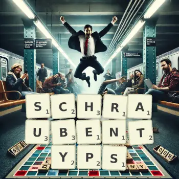Kreative Illustration für ein Scrabble-Spiel, bei dem das Wort SCHRAUBENTYPS mit Steinen auf dem Brett gelegt wurde.