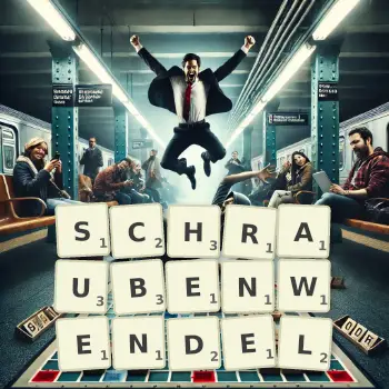 Kreative Illustration für ein Scrabble-Spiel, bei dem das Wort SCHRAUBENWENDEL mit Steinen auf dem Brett gelegt wurde.