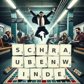 Kreative Illustration für ein Scrabble-Spiel, bei dem das Wort SCHRAUBENWINDE mit Steinen auf dem Brett gelegt wurde.