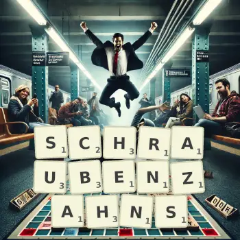 Kreative Illustration für ein Scrabble-Spiel, bei dem das Wort SCHRAUBENZAHNS mit Steinen auf dem Brett gelegt wurde.