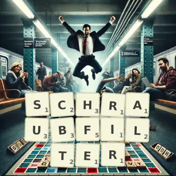 Kreative Illustration für ein Scrabble-Spiel, bei dem das Wort SCHRAUBFILTER mit Steinen auf dem Brett gelegt wurde.