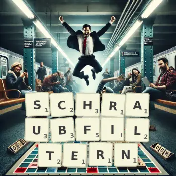 Kreative Illustration für ein Scrabble-Spiel, bei dem das Wort SCHRAUBFILTERN mit Steinen auf dem Brett gelegt wurde.