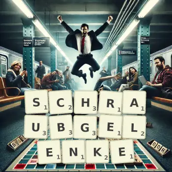 Kreative Illustration für ein Scrabble-Spiel, bei dem das Wort SCHRAUBGELENKE mit Steinen auf dem Brett gelegt wurde.