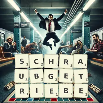 Kreative Illustration für ein Scrabble-Spiel, bei dem das Wort SCHRAUBGETRIEBE mit Steinen auf dem Brett gelegt wurde.