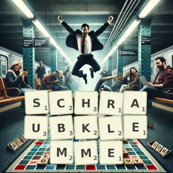 Kreative Illustration für ein Scrabble-Spiel, bei dem das Wort SCHRAUBKLEMME mit Steinen auf dem Brett gelegt wurde.