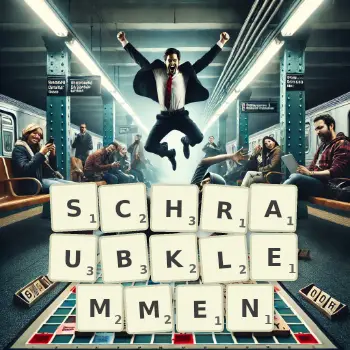 Kreative Illustration für ein Scrabble-Spiel, bei dem das Wort SCHRAUBKLEMMEN mit Steinen auf dem Brett gelegt wurde.