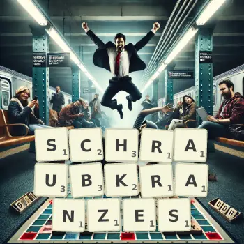 Kreative Illustration für ein Scrabble-Spiel, bei dem das Wort SCHRAUBKRANZES mit Steinen auf dem Brett gelegt wurde.