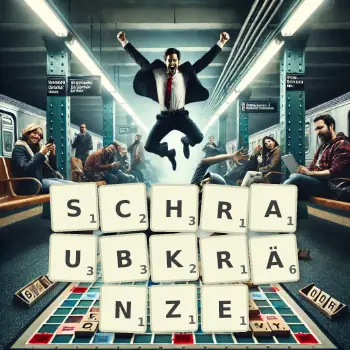 Kreative Illustration für ein Scrabble-Spiel, bei dem das Wort SCHRAUBKRÄNZE mit Steinen auf dem Brett gelegt wurde.