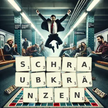 Kreative Illustration für ein Scrabble-Spiel, bei dem das Wort SCHRAUBKRÄNZEN mit Steinen auf dem Brett gelegt wurde.