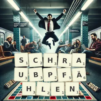 Kreative Illustration für ein Scrabble-Spiel, bei dem das Wort SCHRAUBPFÄHLEN mit Steinen auf dem Brett gelegt wurde.