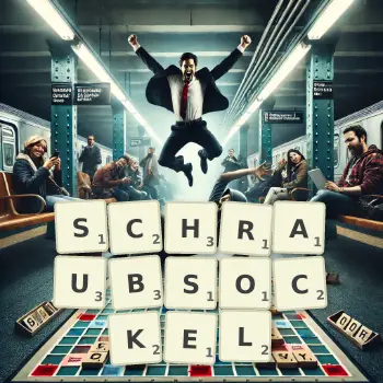 Kreative Illustration für ein Scrabble-Spiel, bei dem das Wort SCHRAUBSOCKEL mit Steinen auf dem Brett gelegt wurde.
