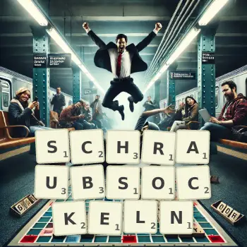 Kreative Illustration für ein Scrabble-Spiel, bei dem das Wort SCHRAUBSOCKELN mit Steinen auf dem Brett gelegt wurde.