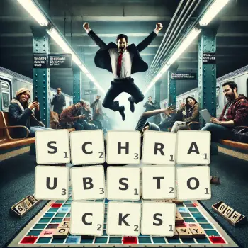 Kreative Illustration für ein Scrabble-Spiel, bei dem das Wort SCHRAUBSTOCKS mit Steinen auf dem Brett gelegt wurde.
