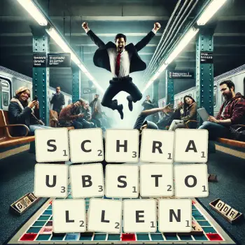 Kreative Illustration für ein Scrabble-Spiel, bei dem das Wort SCHRAUBSTOLLEN mit Steinen auf dem Brett gelegt wurde.