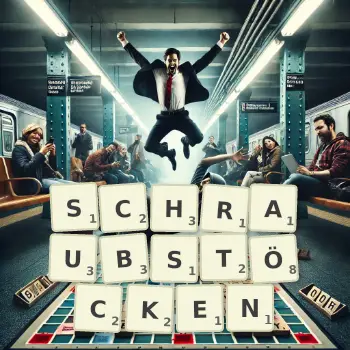 Kreative Illustration für ein Scrabble-Spiel, bei dem das Wort SCHRAUBSTÖCKEN mit Steinen auf dem Brett gelegt wurde.
