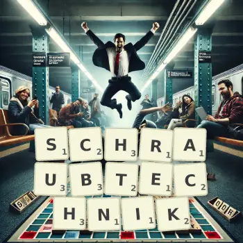 Kreative Illustration für ein Scrabble-Spiel, bei dem das Wort SCHRAUBTECHNIK mit Steinen auf dem Brett gelegt wurde.