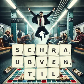 Kreative Illustration für ein Scrabble-Spiel, bei dem das Wort SCHRAUBVENTIL mit Steinen auf dem Brett gelegt wurde.