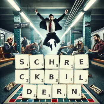 Kreative Illustration für ein Scrabble-Spiel, bei dem das Wort SCHRECKBILDERN mit Steinen auf dem Brett gelegt wurde.