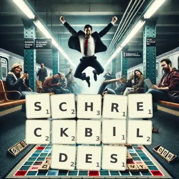 Kreative Illustration für ein Scrabble-Spiel, bei dem das Wort SCHRECKBILDES mit Steinen auf dem Brett gelegt wurde.