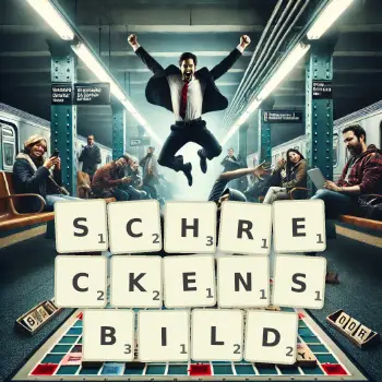 Kreative Illustration für ein Scrabble-Spiel, bei dem das Wort SCHRECKENSBILD mit Steinen auf dem Brett gelegt wurde.