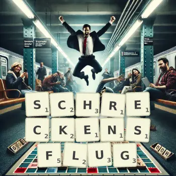 Kreative Illustration für ein Scrabble-Spiel, bei dem das Wort SCHRECKENSFLUG mit Steinen auf dem Brett gelegt wurde.