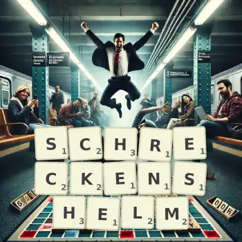 Kreative Illustration für ein Scrabble-Spiel, bei dem das Wort SCHRECKENSHELM mit Steinen auf dem Brett gelegt wurde.