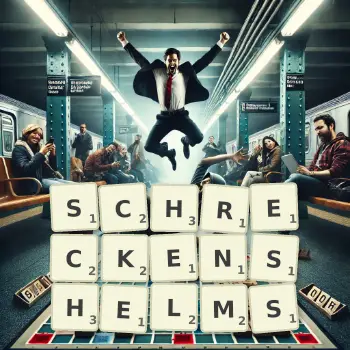 Kreative Illustration für ein Scrabble-Spiel, bei dem das Wort SCHRECKENSHELMS mit Steinen auf dem Brett gelegt wurde.