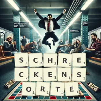Kreative Illustration für ein Scrabble-Spiel, bei dem das Wort SCHRECKENSORTE mit Steinen auf dem Brett gelegt wurde.