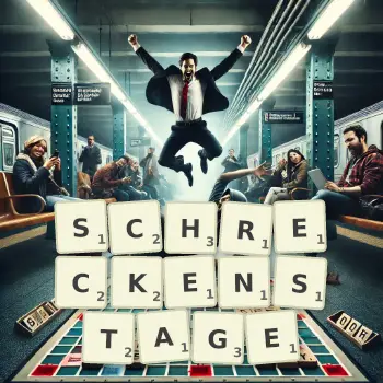 Kreative Illustration für ein Scrabble-Spiel, bei dem das Wort SCHRECKENSTAGE mit Steinen auf dem Brett gelegt wurde.